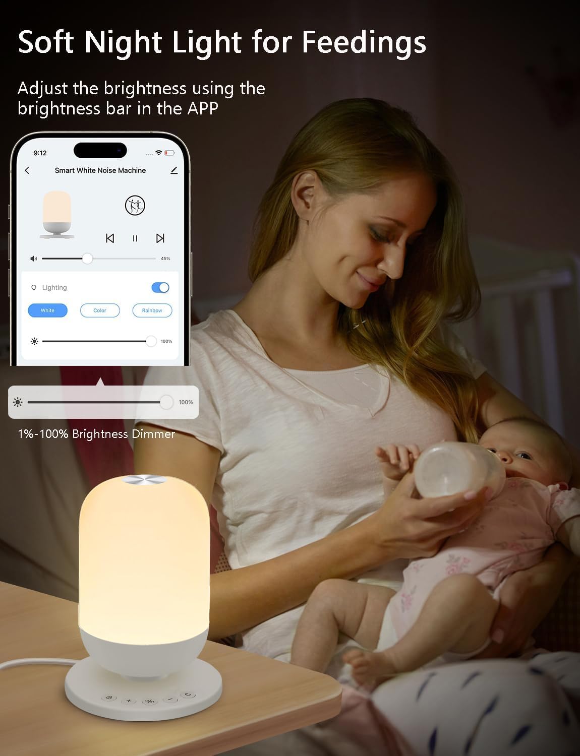 Intelligent Machine à bruit blanc pour sommeil de bébé et adulte avec 34 sons apaisants, Veilleuse douce pour l'alimentation, Réveil programmes et minuterie, Contrôle Tuya Smart APP