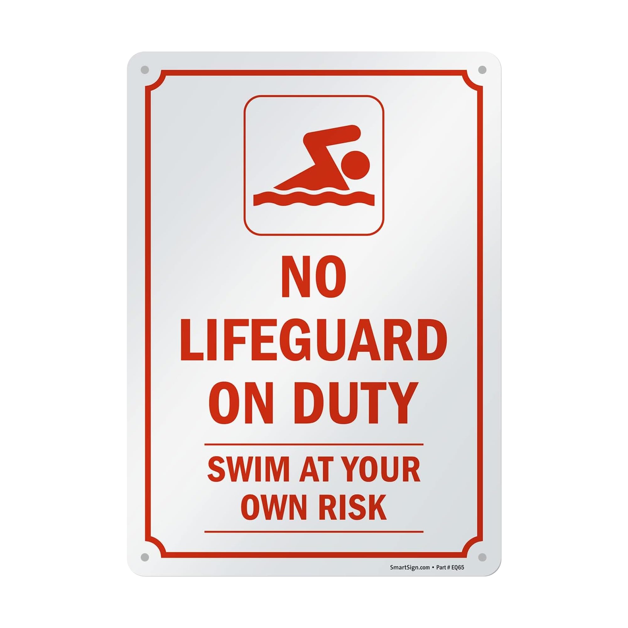 SmartSign 14 x 10 inch “No Lifeguard On Duty - Swim At Your Own Risk” Metal Sign with Symbol, Screen Printed, 40 mil Laminated Rustproof Aluminum, Red
