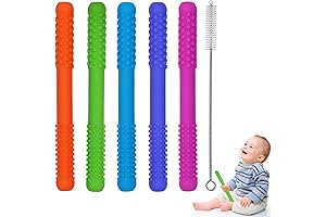 Hollow Silicone Teething Tubes, 5 Pack Chew Straws for Biting + Chewing Fun