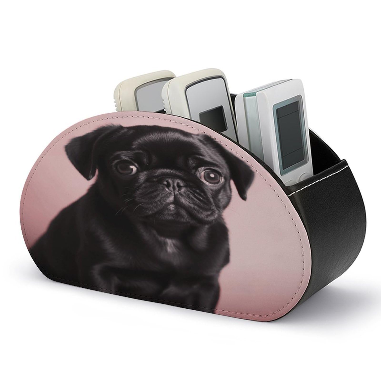 LZQPOEAS Cute Black Pug Remote Control Holder with 5 Compartments PU Leather Remote Organizer Box Caddy for Table Nightstand Remote Caddy Desktop Organizer Fits Media Controllers