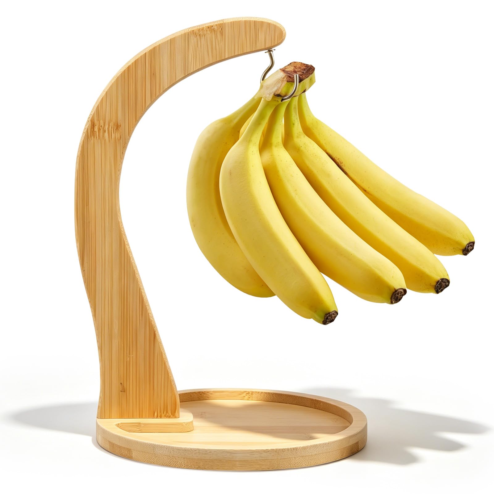 Bpyhebe Bamboo Banana Hanger Stand with Fruit Tray, 11.22in Tall Countertop Banana Holder Slow Ripening Fruit Storage Rack