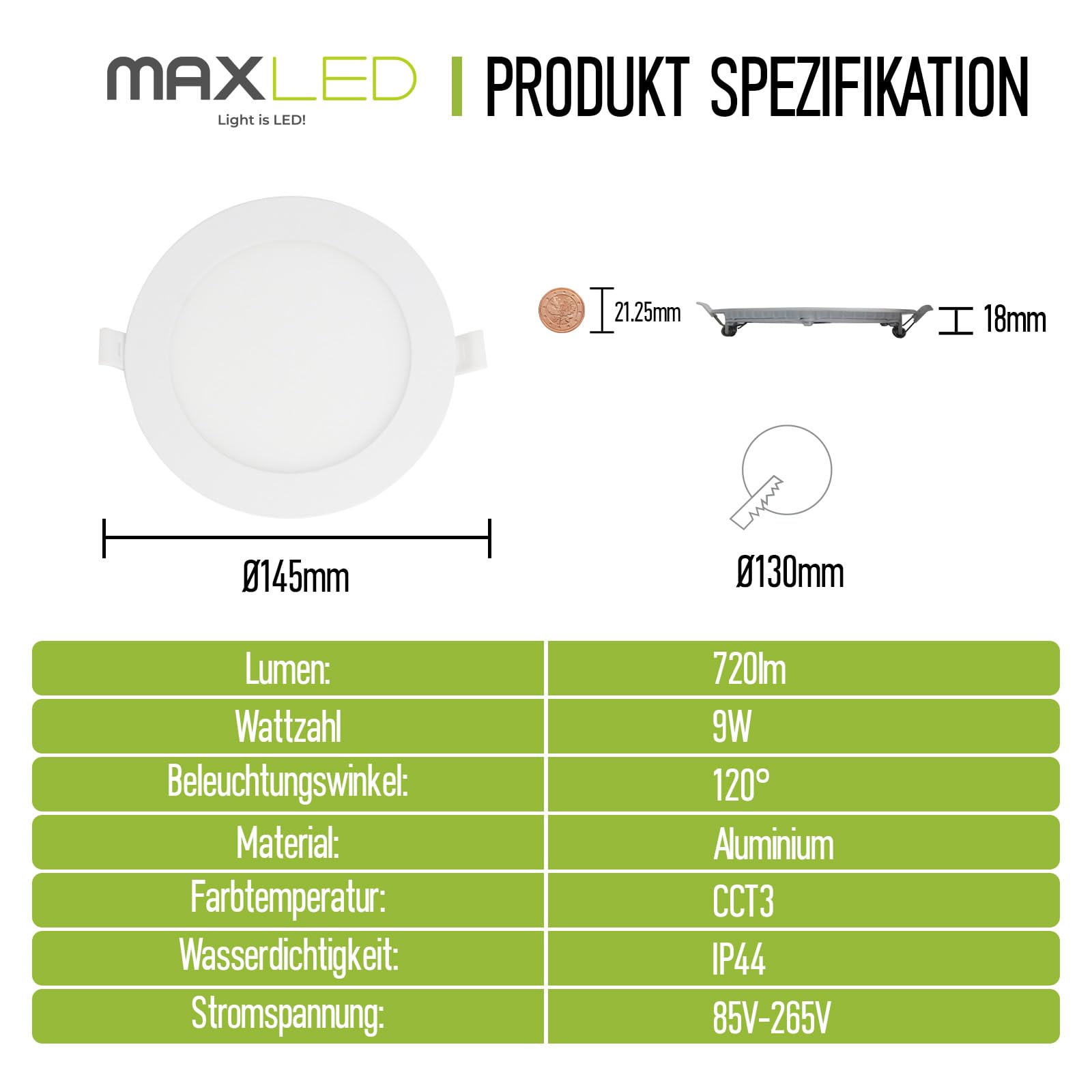 Maxled Light is Led! 2 Sztuk Reflektory LED Wpuszczane Sufitowe 9W 230V 720Lm 3CCT IP44 Reflektor Zabudowy LED Downlight Wpuszczany do Salonu Kuchni Sypialni Ø145mm Otworu Φ130mm Aluminium