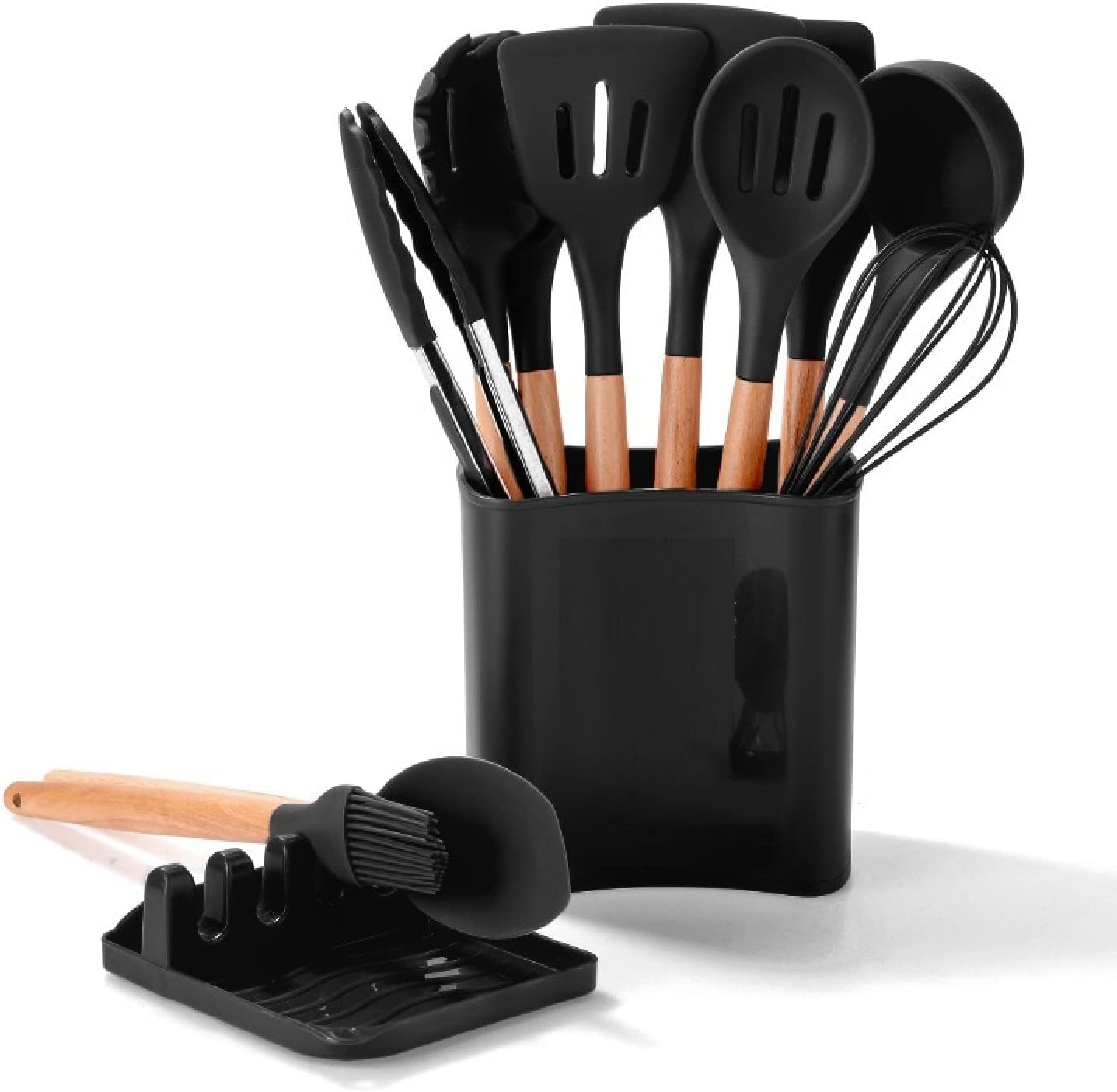 Juego de Utensilios de Cocina de Silicona, raspador, Cepillo de Aceite, batidor de Huevos, espátula, utensilio Multiusos, 4 Piezas (13 Piezas Negras).