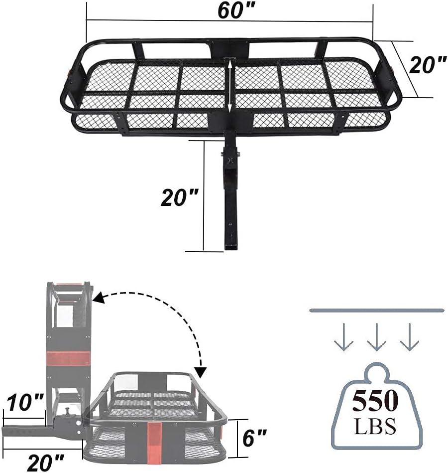 USSerenaY Hitch Cargo Carrier - Trailer Hitch Luggage Rack with Net, Waterproof Cargo Bag and 2 Reinforced Straps - Folding Car Hitch Mount Cargo Carrier L60 X W20 X H6 550lbs Capacity : Automotive