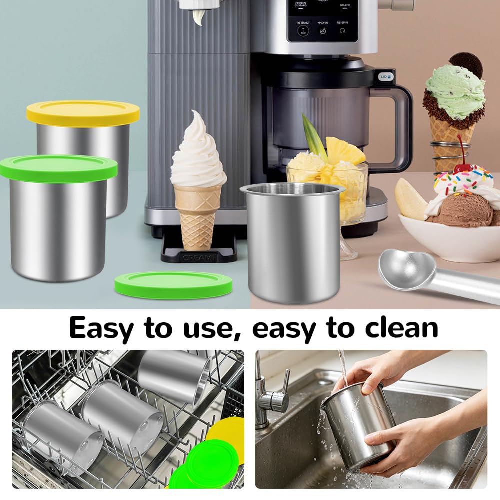 Behälter für Ninj-a Creami NC300EU Serie, 4 Stück Eismaschine Zubehör, 480ML Eisbehälter mit Deckeln und Löffel, Kompatibel mit NC299EU NC301EU NC305EU, Spülmaschinenfest