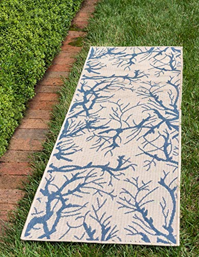 Unique Loom Collection Coastal, Branches, Botanical, Indoor and Outdoor Area Rug, 2 ft x 6 ft, Beige/Navy Blue