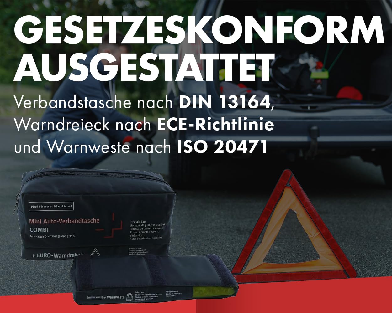 2EXTREME Mini Auto Verbandskasten DIN13164-3in1 mit Warndreieck und Warnweste für KFZ Motorrad Roller Quad Made in Germany