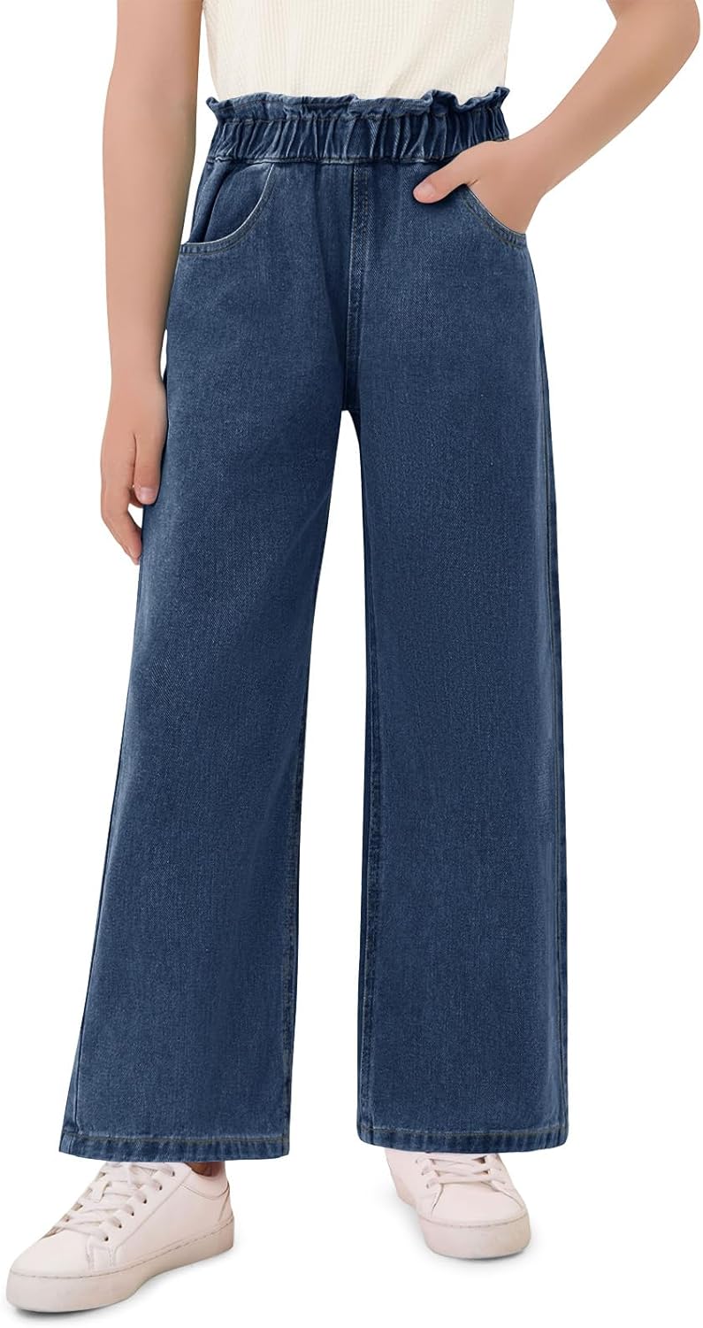 Haloumoning Girls Cute Wide Leg Flared Jeans Kids Oversized Elastic Waist Paper Bag Pants with Pockets 5-14 Years