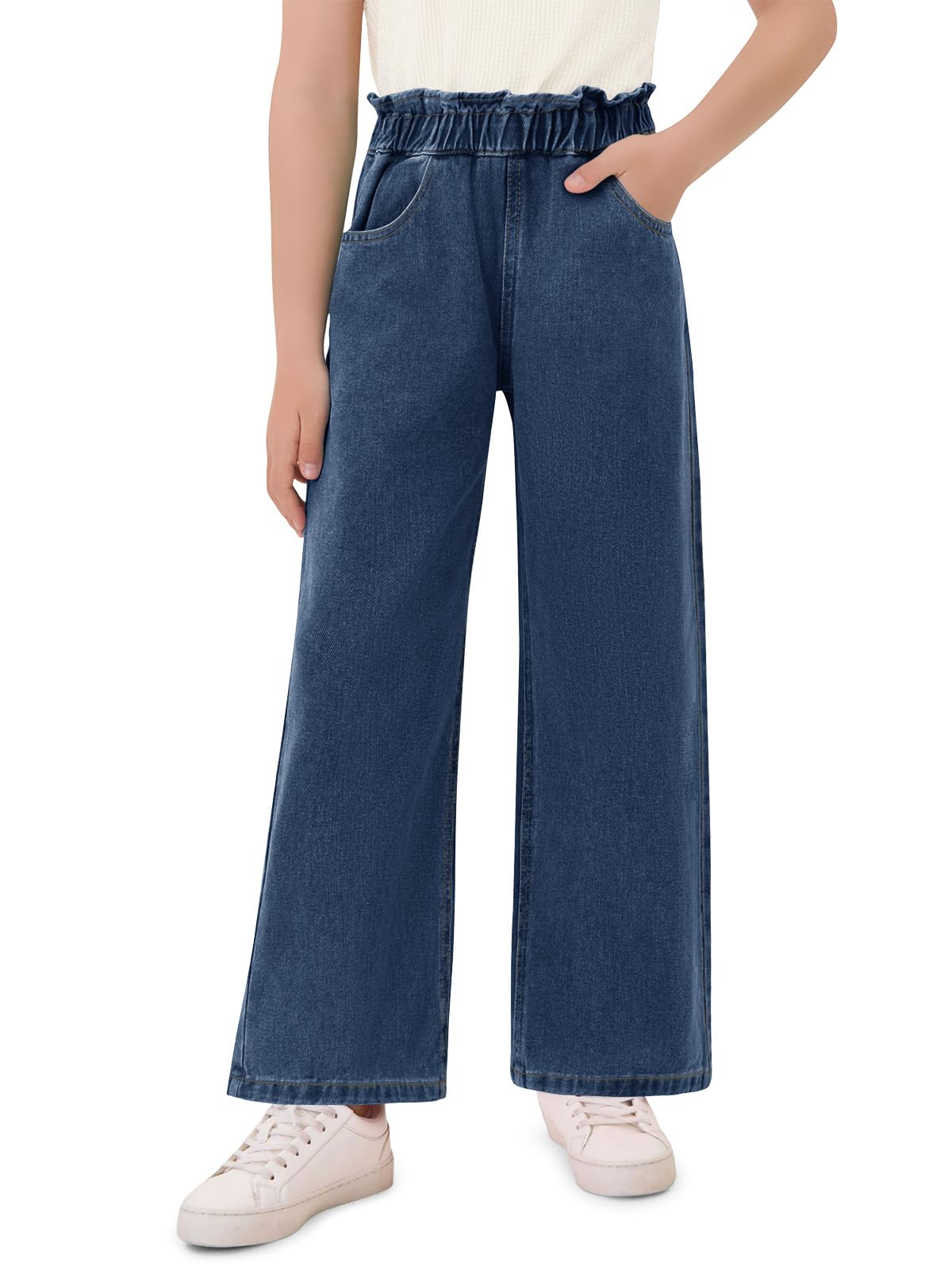 Haloumoning Jeans svasati a gamba larga per ragazze bambini oversize elastico in vita pantaloni con tasche 5-14 anni