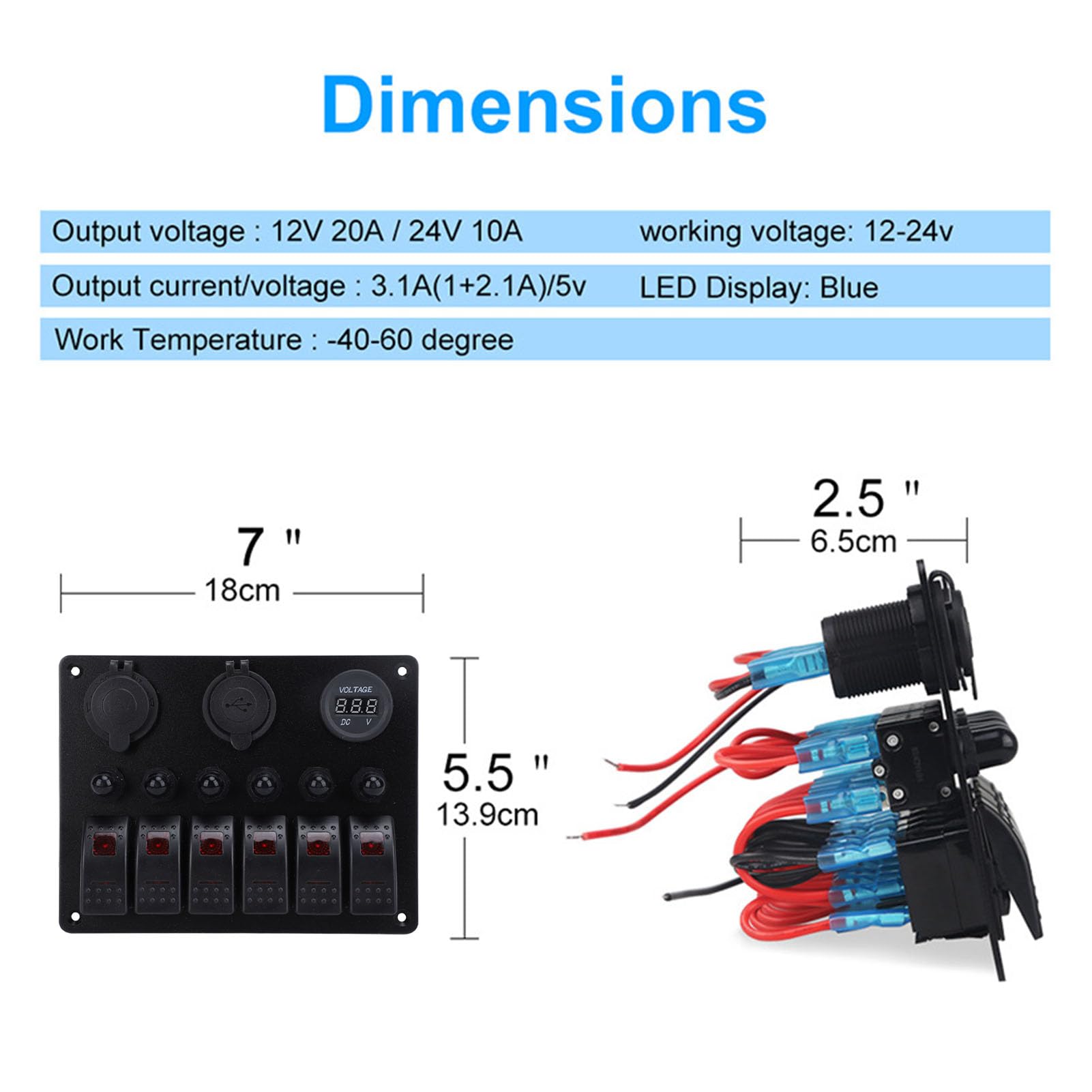 Acouto Panneau d'Interrupteur à Bascule DC 12-24 V 6 Gangs avec Surcharge, Double USB et Voltmètre Numérique pour Bateaux, Camping-cars, Panneau d'Interrupteur à Bascule 6 Gangs Interrupteur à