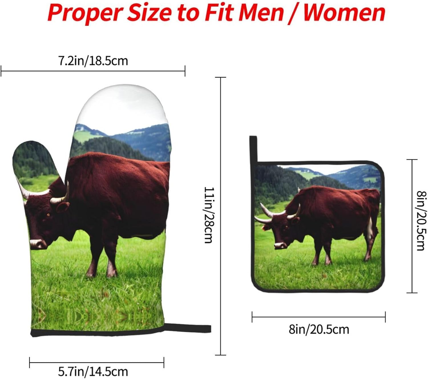 Real Swiss Cow Brown Print Heat Resistant Microwave Gloves, Used for Baking, Cooking, and Fashion Kitchen Essentials