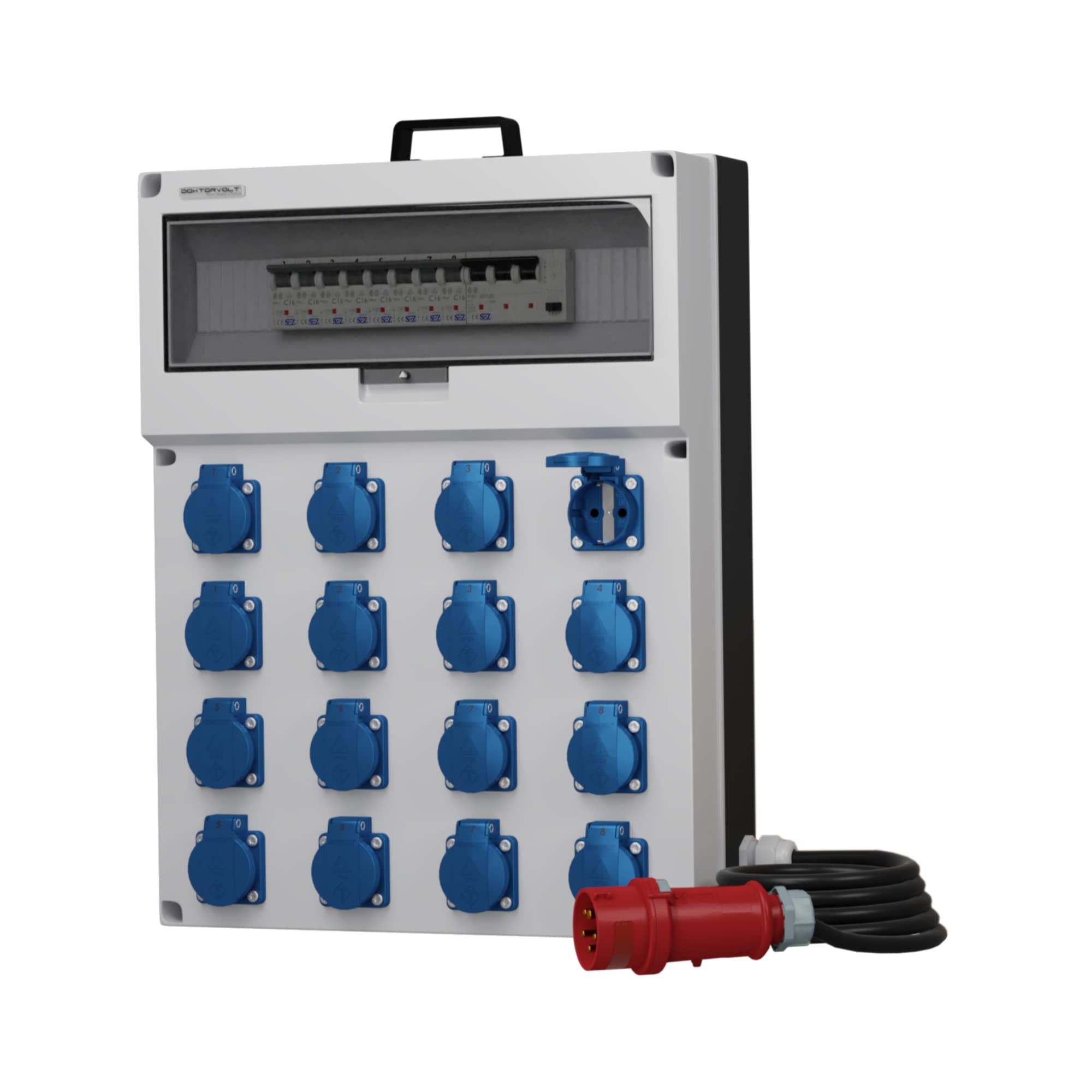 Dokorvolt Stromverteiler mit Steckdosen 16x 230V Schuko, 8x LS-Schalter C16A VDE, 1x RCCB FI-Schalter 40A, Kabel mit CEE Stecker 32A Baustromverteiler Wandverteiler komplett verdrahtet IP44