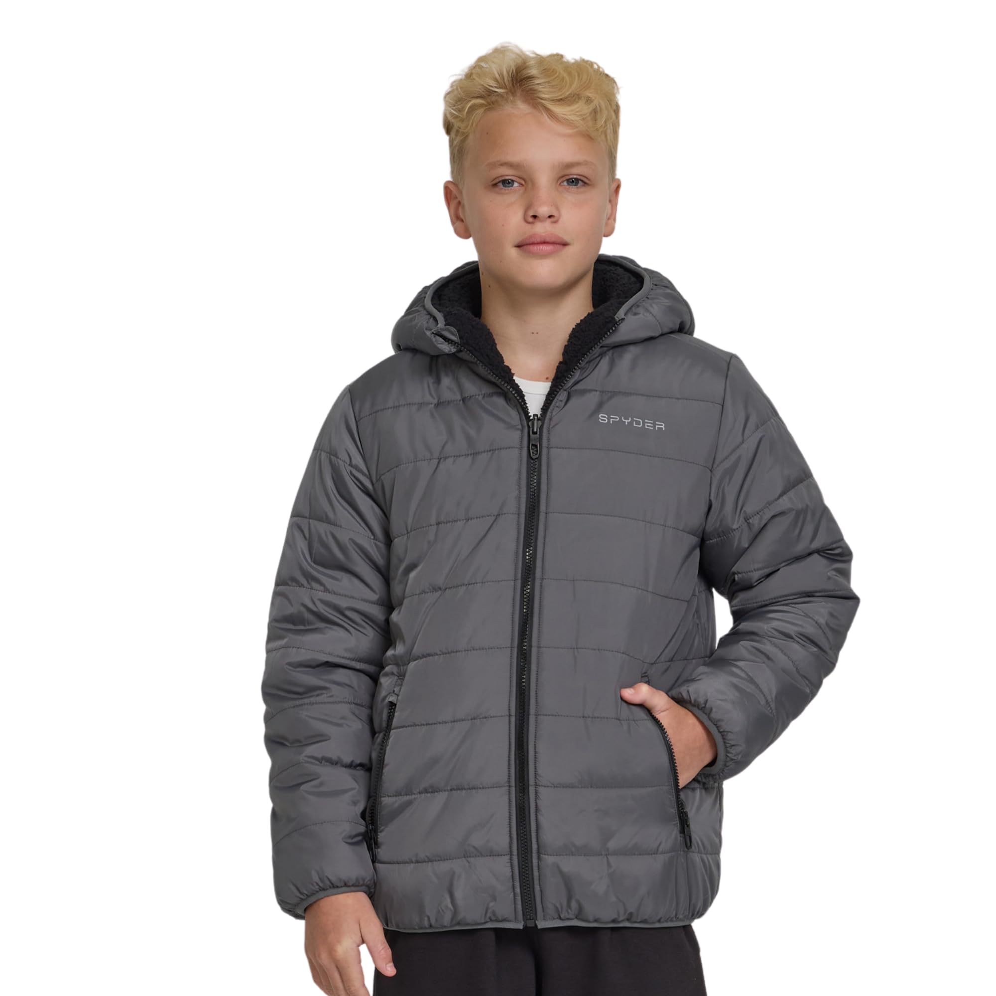 Spyder Reversible Boys Puffer Jacket - Fleece Lined Puffer Coat with Hood, Sherpa Winter Kids Outerwear, Sizes 4-20