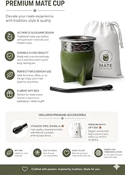 Mate Imperial Argentino Kit Mate, Taza de te, With Straw Tea Gourd Mug One Bombilla (Straw), Wrapped Handmade Leather Ideal for Gift and Travel (small) (Green)