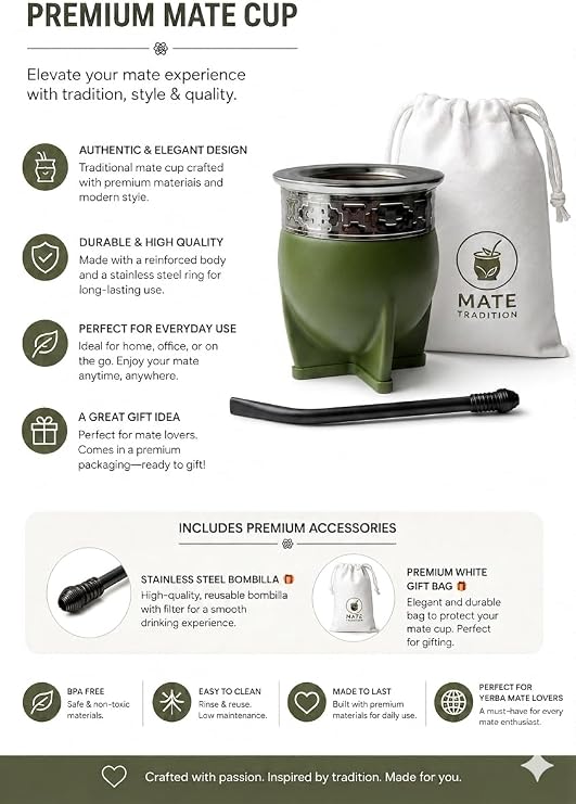 Mate Imperial Argentino Kit Mate, Taza de te, With Straw Tea Gourd Mug One Bombilla (Straw), Wrapped Handmade Leather Ideal for Gift and Travel (small) (Green)