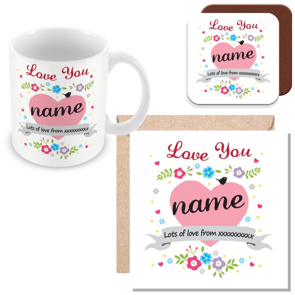 MUGGZ Personalised - Mug, Card & Coaster with Love You Name Nan Nanna Nannie Gran Grandma Auntie Neice or Any Name - Love Heart & Flowers Design Cup - Giftset - Made in The UK