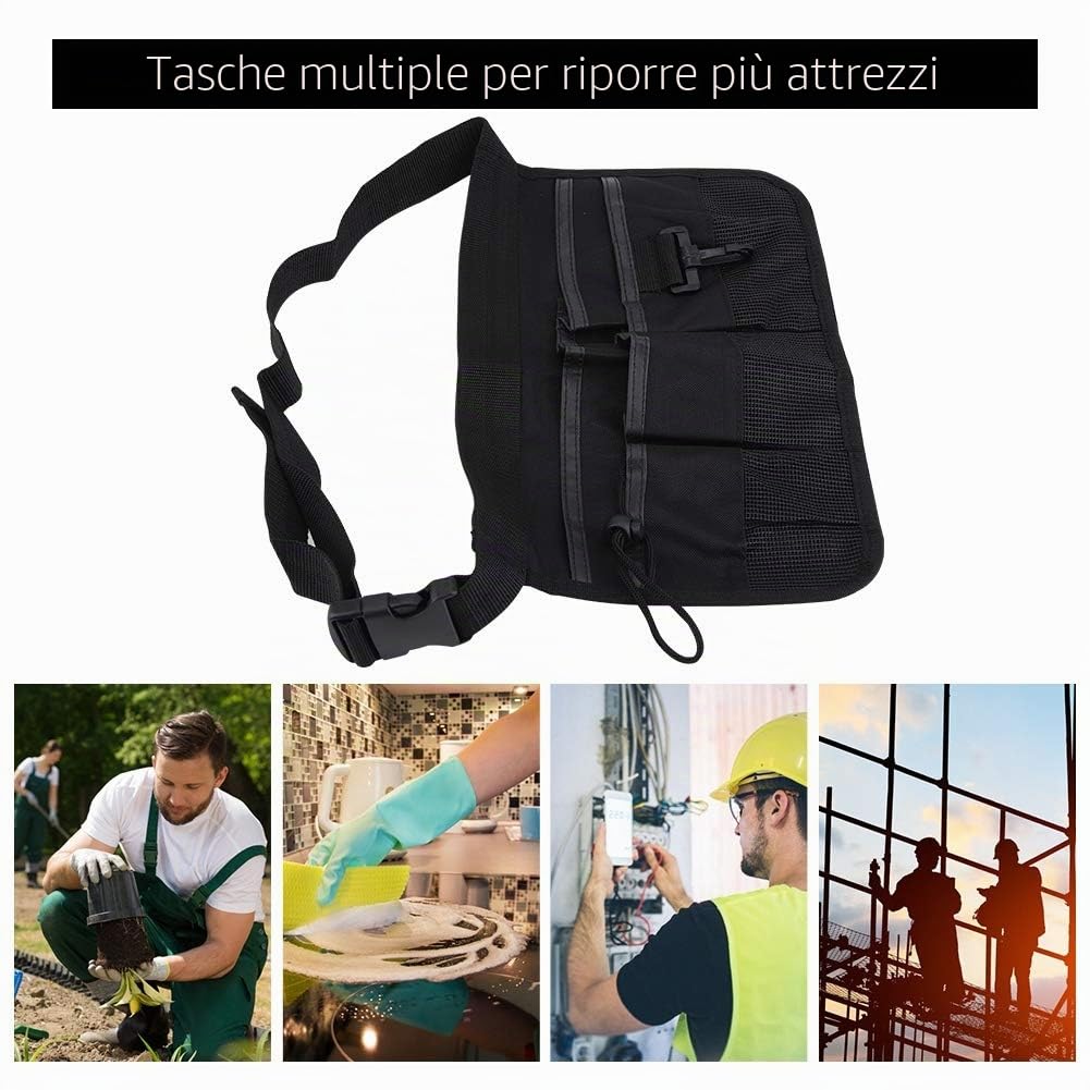 Garosa Cintura Portautensili da Giardinaggio Regolabile con 6 Tasche, Tessuto Oxford 600D, Nero, 34x24 cm, Impermeabile e Resistente