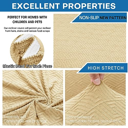 XINEAGE 4-Piece Recliner Cover Stretch Jacquard Slipcover with Pocket, Washable Recliner Chair Protector for Kids, Pets, Dogs, Cats (Beige)