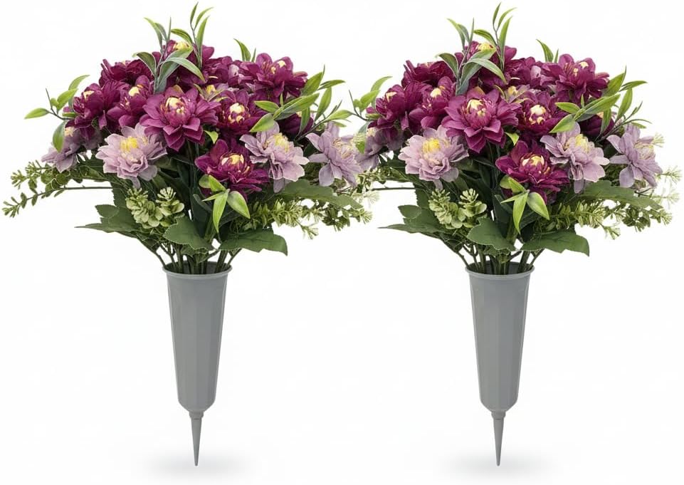 Cemetery Flowers for Grave,2 Pcs Peony Realistic Artificial Flowers For Outdoors,Memorial Flowers for Gravesite,Cemetery Decorations Spring Outdoor Gravesite Flowers with Vase(Purple&Pink, 2 Bouquets)