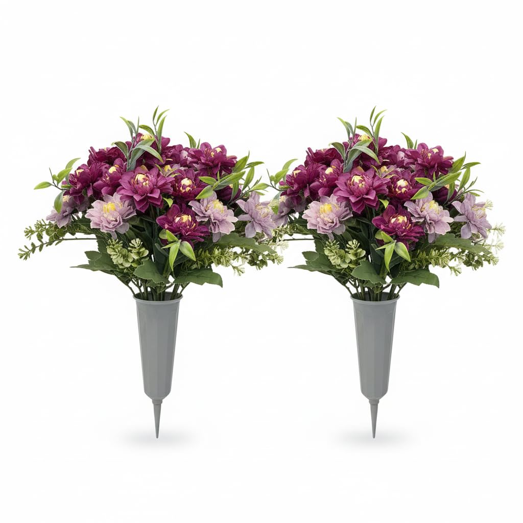 Artificial Cemetery Flowers for Grave, 2 Pack Silk Peonies Bouquet with Vase - UV Resistant Purple & Pink Memorial Flowers, All Weather Outdoor Headstone Decor with Spike image 7
