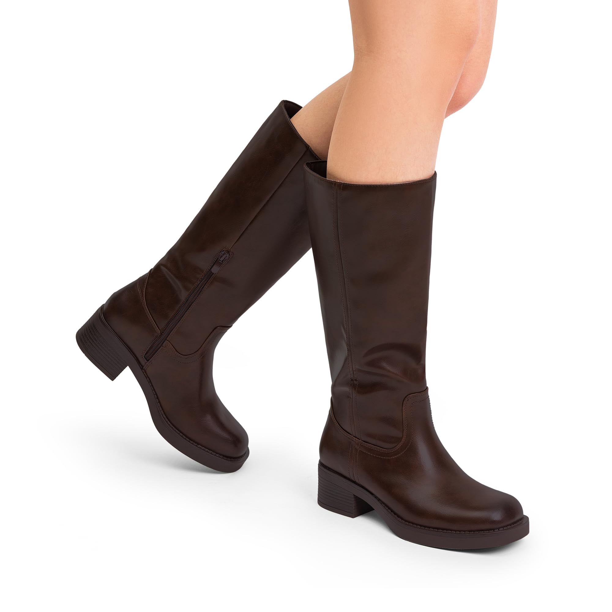 DREAM PAIRS Botas altas hasta la rodilla para mujer, plataforma de punta cuadrada, tacón grueso, botas de campus de plátano para mujer, cómodas botas altas de equitación con cremallera lateral