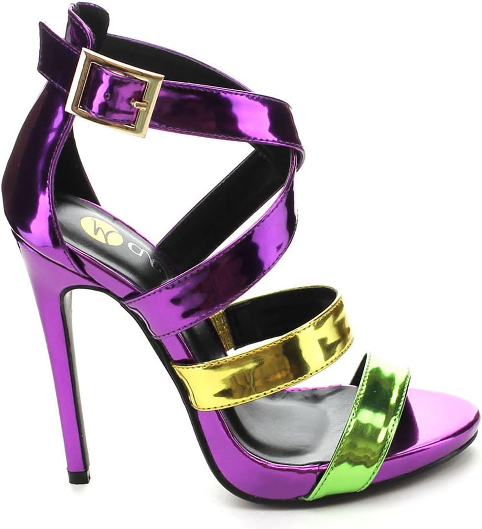Purple Green Metallic Color Block Strappy Stiletto Heels Faux Leather