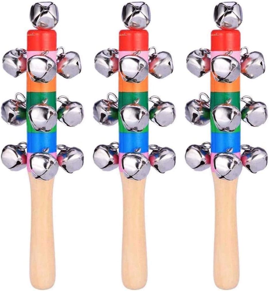 Eshylala 3 Pcs Christmas Hand Jingle Bells, Wooden Hand Jingle Bells Rainbow Hand Sleigh Bells Jingle Stick Shaker Rattle for Holiday Christmas Decoration Musical Instrument Toy, 18 x 5 x 3cm -
