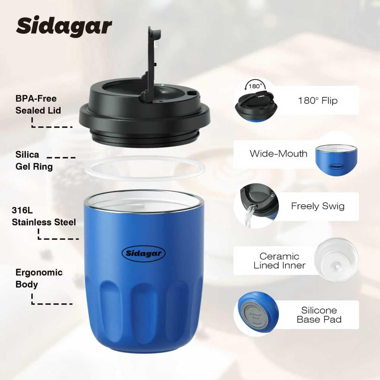 Travel Coffee Mug 10 oz Ceramic Lined Tumbler, Double Wall Stainless Steel Coffee Cup with Lid, Vacuum Spill Proof Mini Water Bottle, Insulated Thermal Mug for Home Office, Blue - Image 7