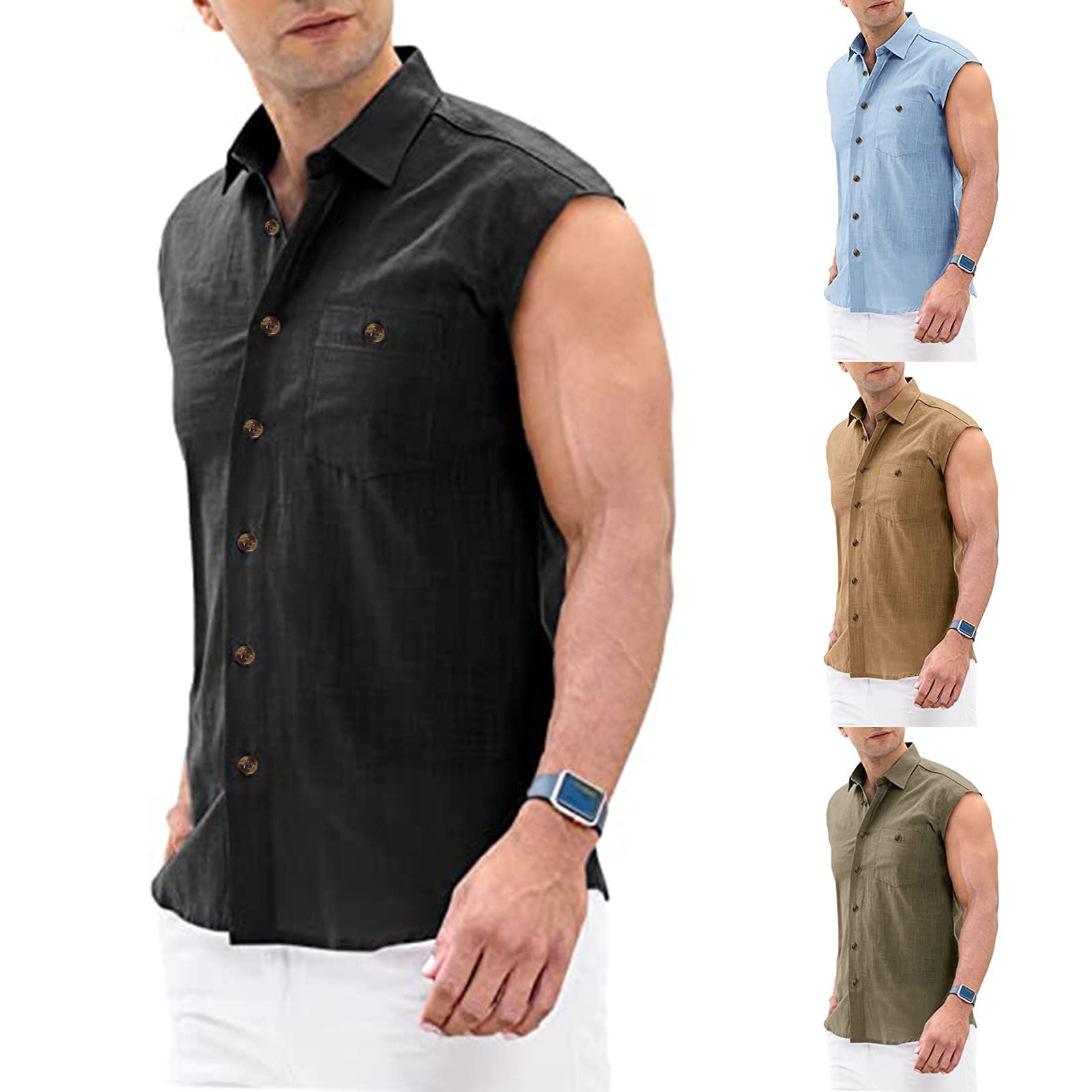 Beokeuioe Camisa para hombre, sin mangas, cuello alto, camisa de algodón, sin mangas, para vacaciones, ocio, blusa unisex para yoga, camiseta muscular, camiseta de verano, camiseta hippie