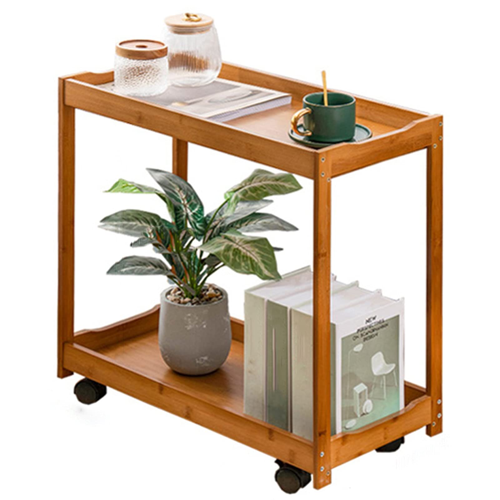 Mesa Camarera Carro de Servicio, Carro Almacenamiento Madera Refuerzo Borde Rueda Universal con Freno 360 ​​°, Rack Almacenamiento 2 Niveles Teniendo 50KG El Lado del Sofá