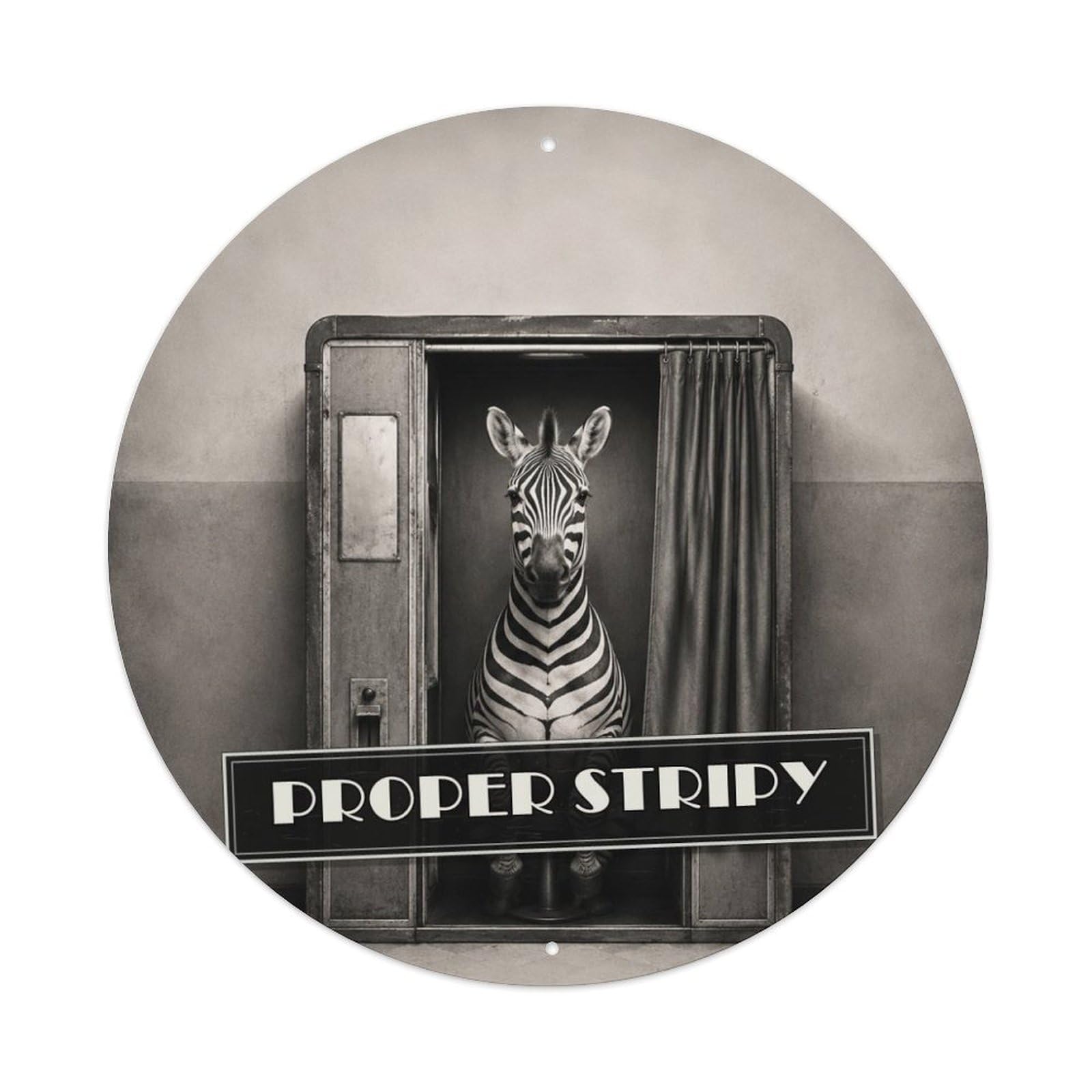 Animal Zebra Camera Booth Anthropomorphic British Comedy Satire Metal Tin Sign Plaque Wall Decor for Cafe, Man Cave, Club Bar, Office, Home Garden Round Metal Poster 8x8Inch