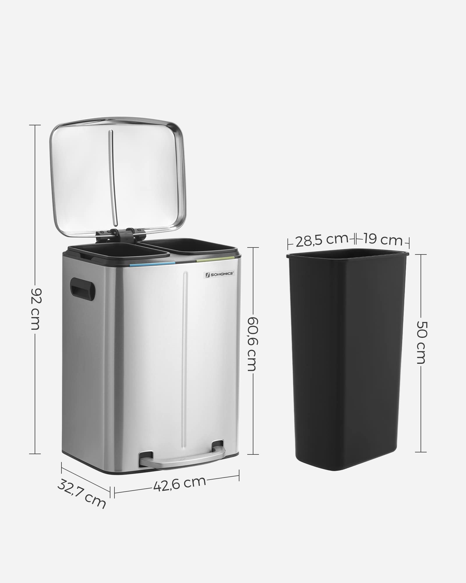 SONGMICS Dual Rubbish Bin, 2 x 20L Trash Can, Metal Step Bin, with Dual