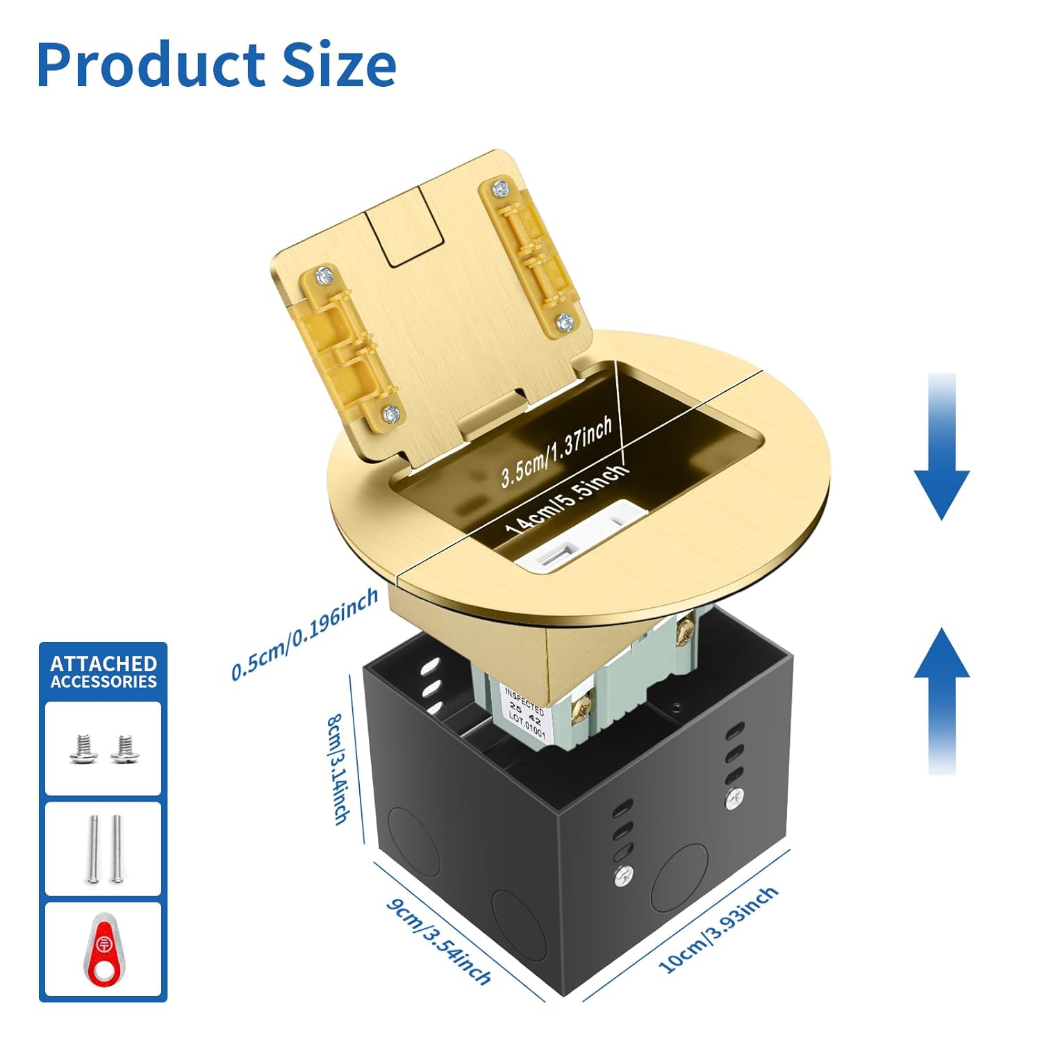 Vagueior Recessed Floor Electrical Outlet Kit, Circular Hidden Duplex GFCI Outlet 20 Amp,Tamper-Resistant Receptacle Outlet，Waterproof Electrical Outlet Covcer Box, UL Certified,Gold（1 Pack
