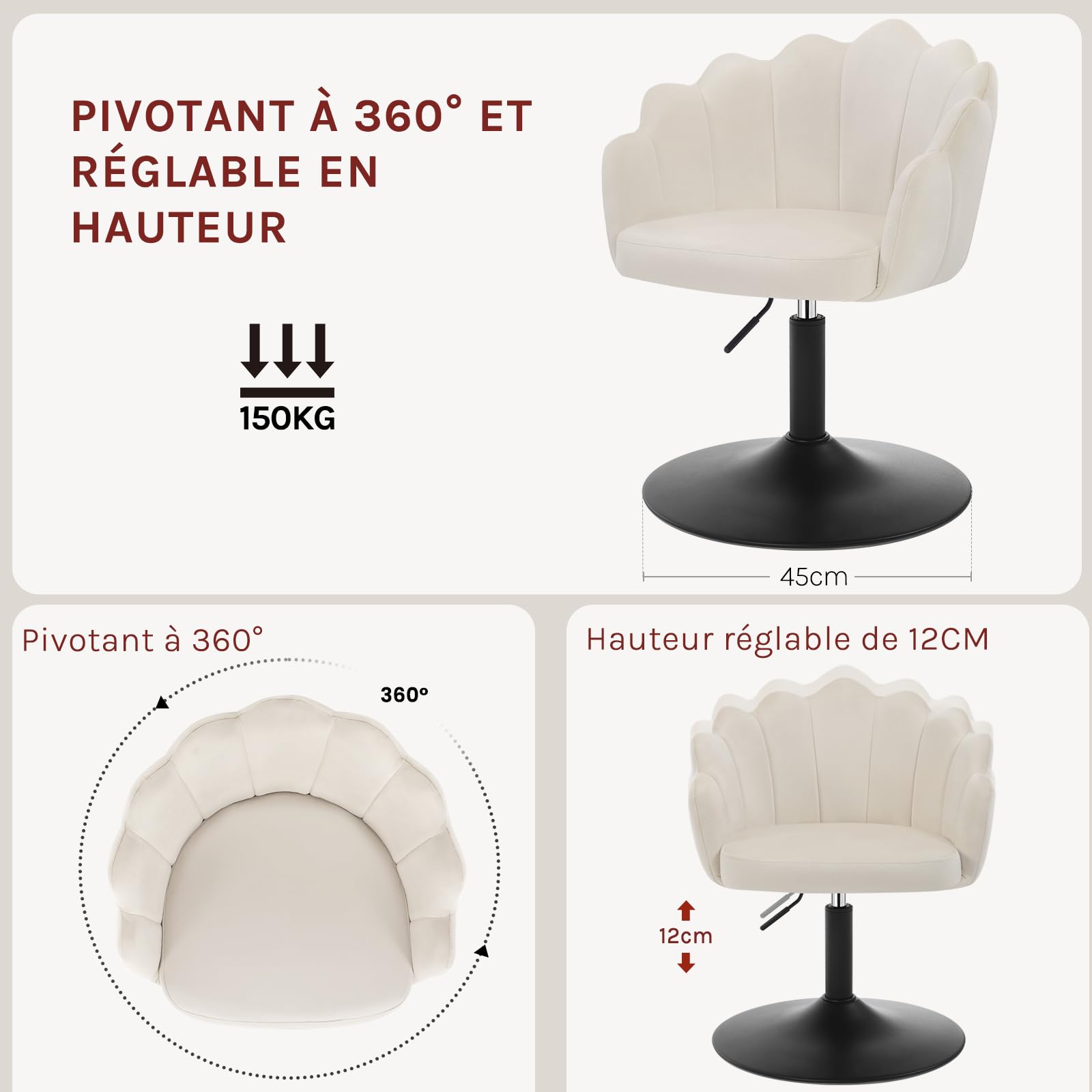 WOLTU Chaise de Coiffeuse, Fauteuil Pivotant en Velours, Fautauil de Maquillage Réglable en Hauteur, Dossier Pétale, pour Salon, Salle à Manger, Chambre à Coucher, Crème