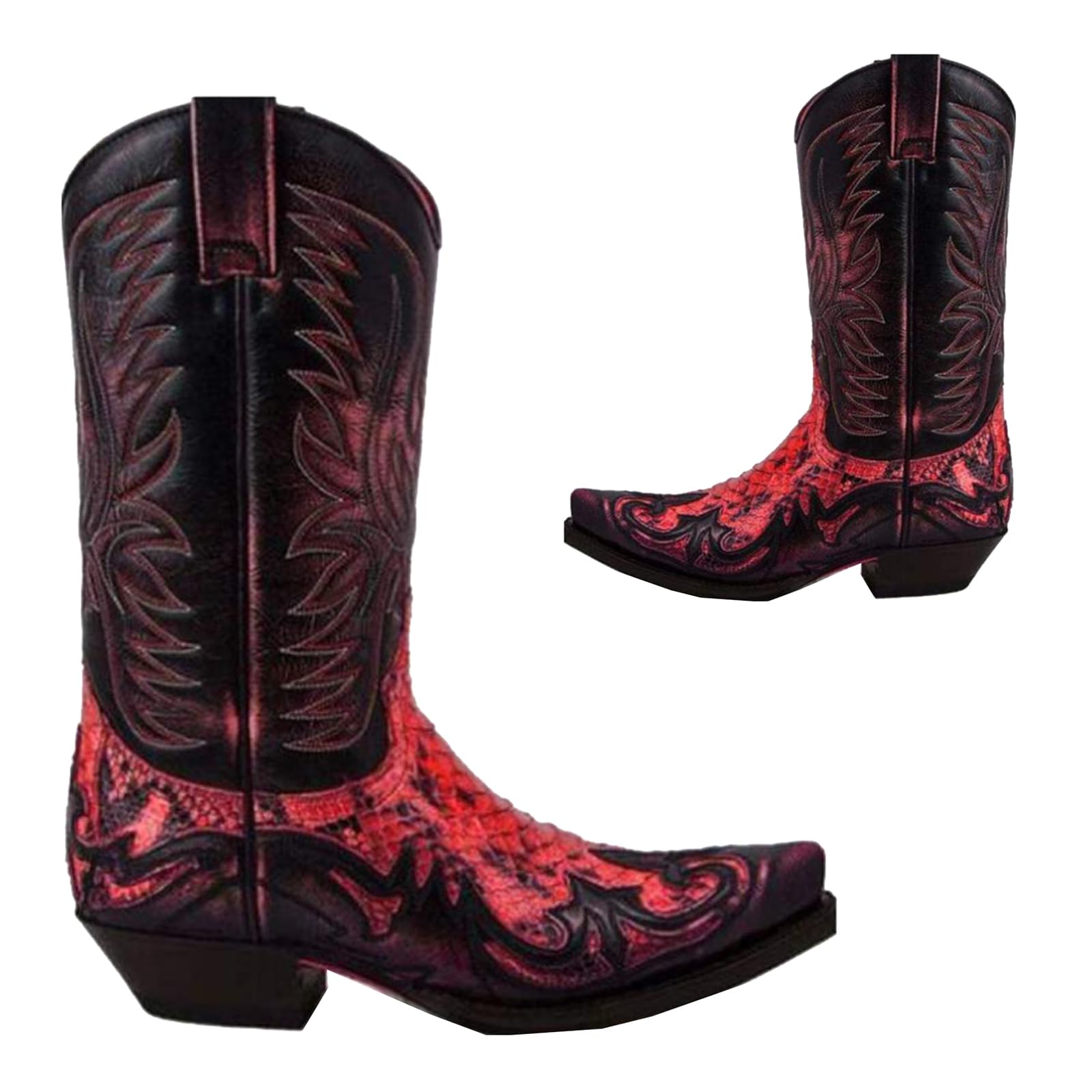 Western Cowboy Boots - Low Heel Mid Tube Knights Boots - Vintage Leder Stickerei Western Cowboy Biker Boots