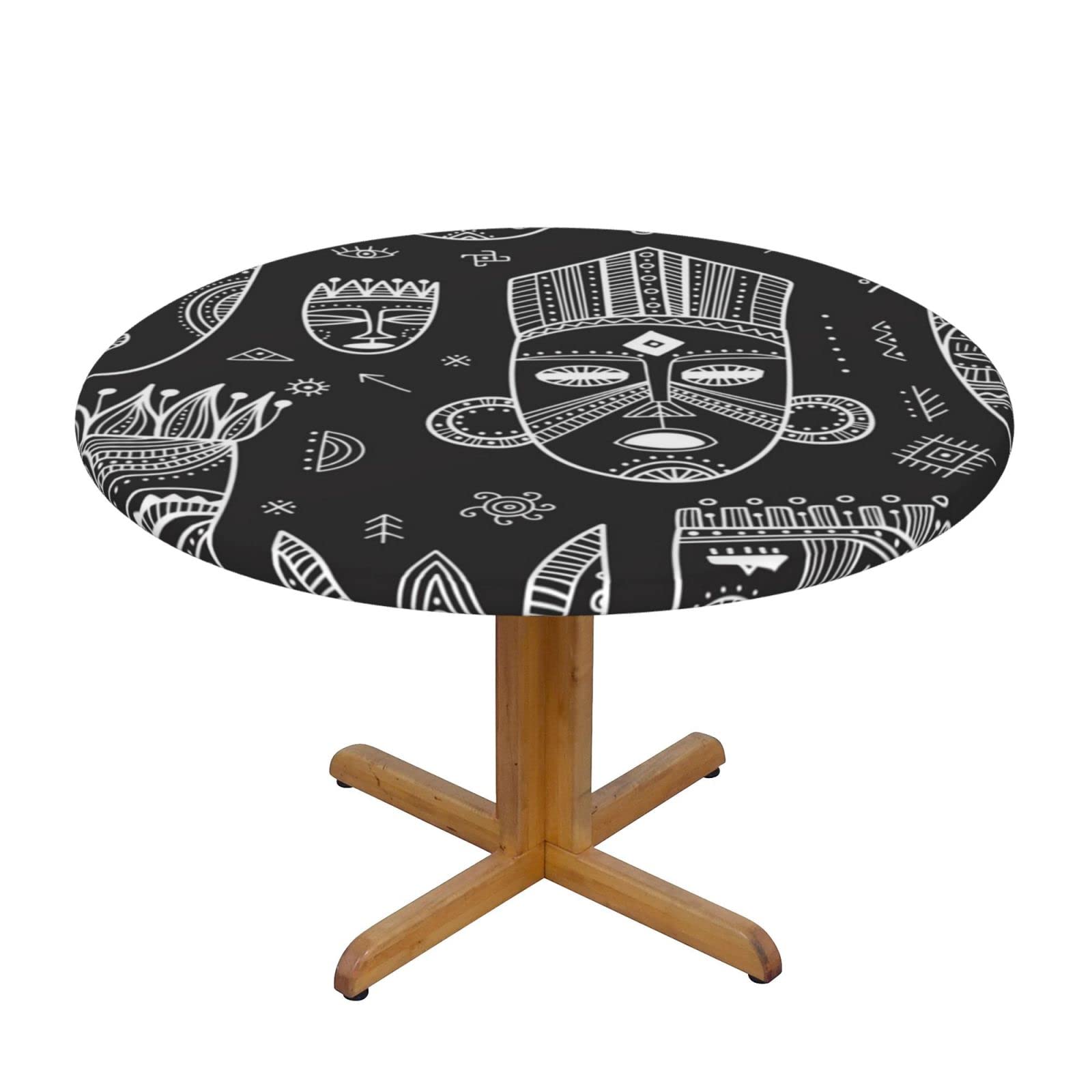 Lsjuee Round Fitted Tablecloth 45-50in Elastic Edged Table Cloth for Kitchen Dining Party Home Decor - African Tribal Masks Black