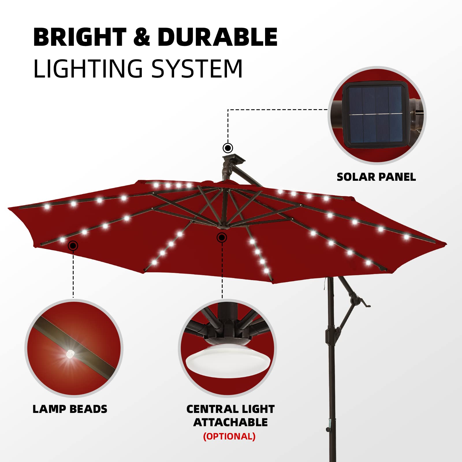 wikiwiki 10FT Solar Patio Offset Umbrella Outdoor Cantilever Umbrella Hanging Umbrellas with Weighted Base, Market Patio Umbrella for Backyard, Garden & Deck (Burgundy)