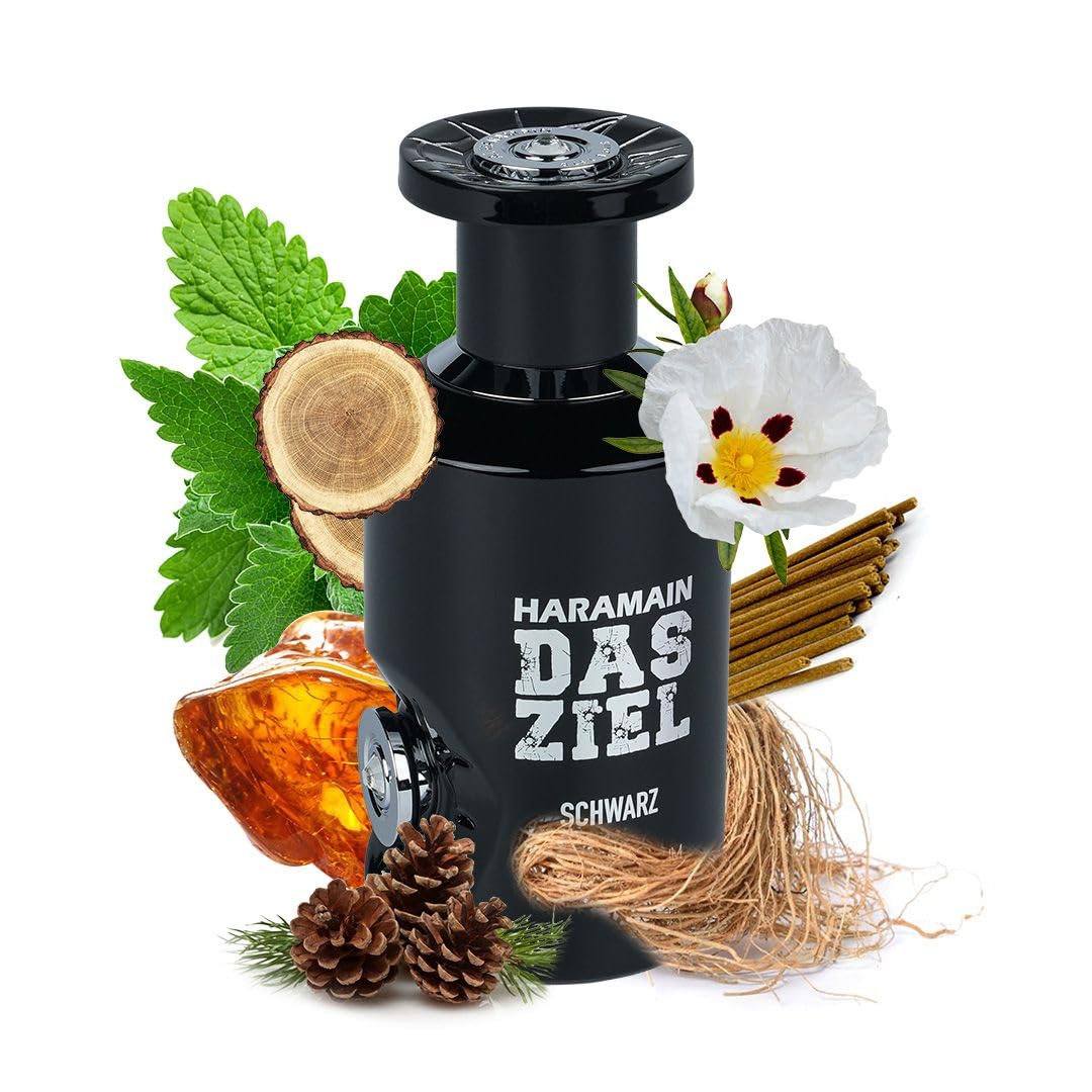 Al Haramain Das Ziel Schwarz Extrait de Parfum 100 ml | Perfume ámbar amaderado intenso para mujeres y hombres | Fragancia árabe de larga duración con aroma oscuro, audaz y misterioso