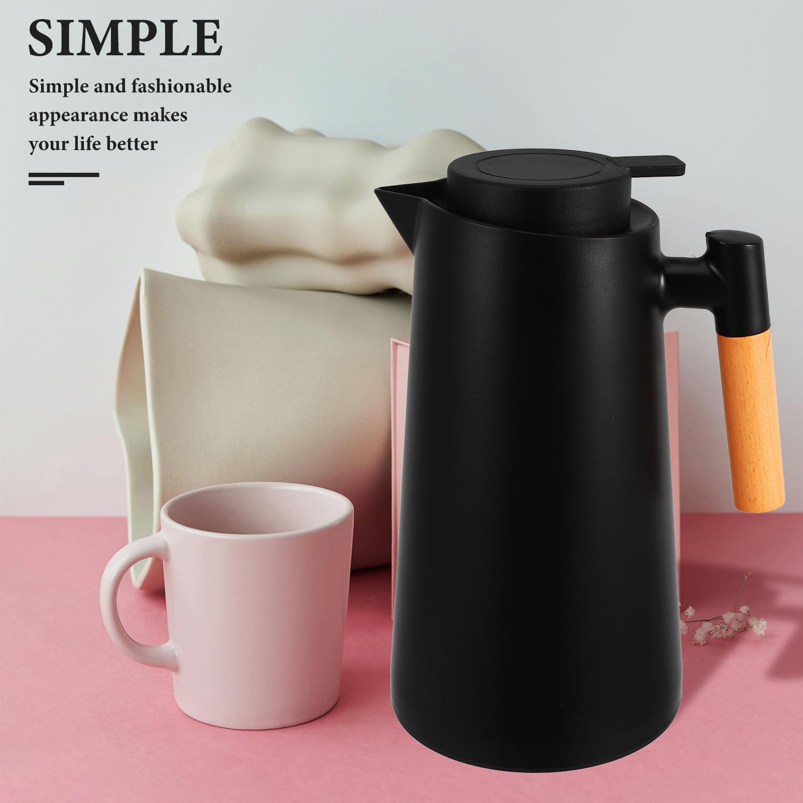 Thermoskanne 1000ml Schwarz mit Griff und Deckel Vakuumisolierte Glasflasche Hält Getränke Heiß oder Kalt Leicht und Stilvoll für Büro oder Zuhause