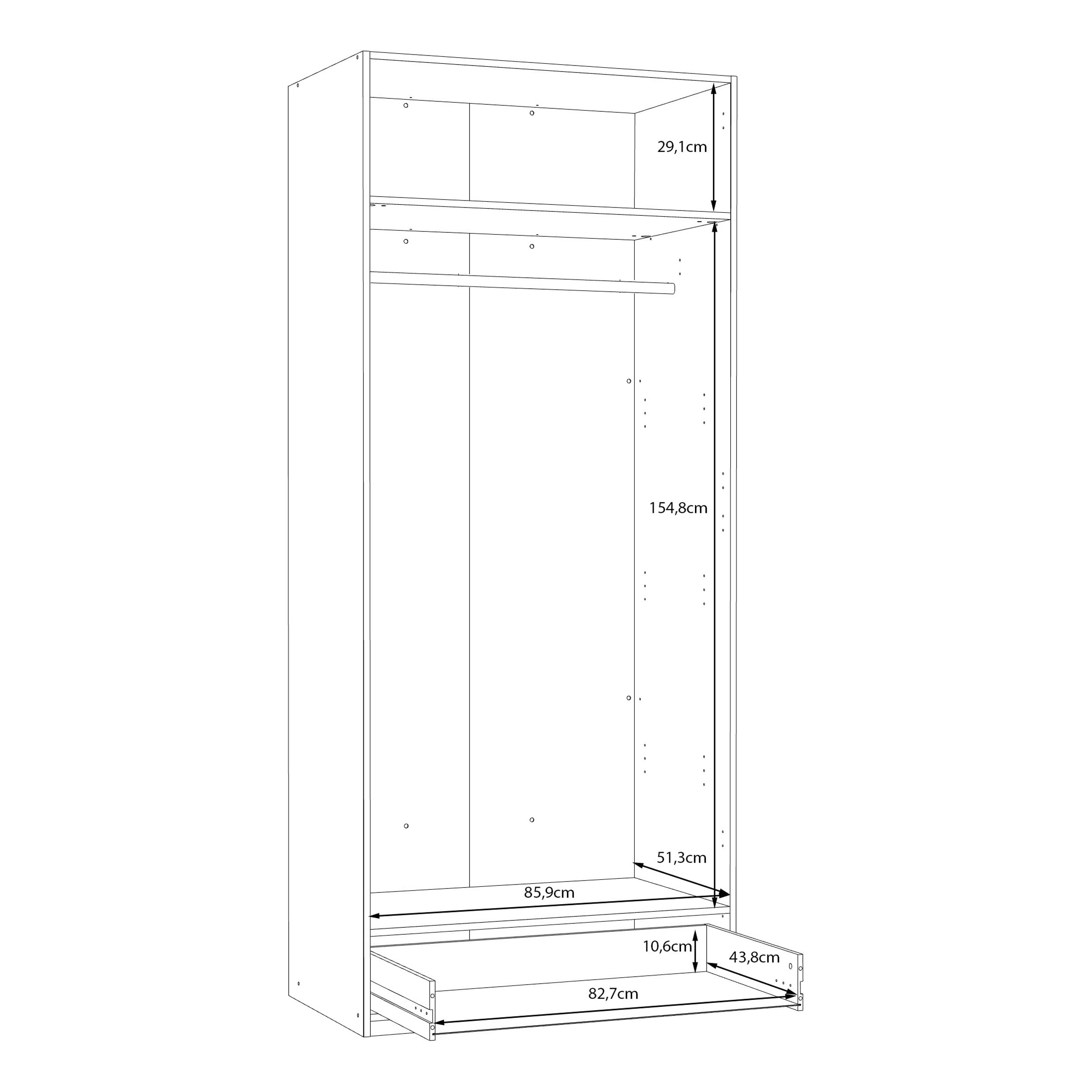 Forte TRAWEN Kleiderschrank 90, moderner Kleiderschrank, Flurschrank, Mehrzweckschrank, 2-türig, Schublade, Holzwerkstoff, Weiß, 88,9 cm breit x 210,5 cm hoch x 54,2 cm tief