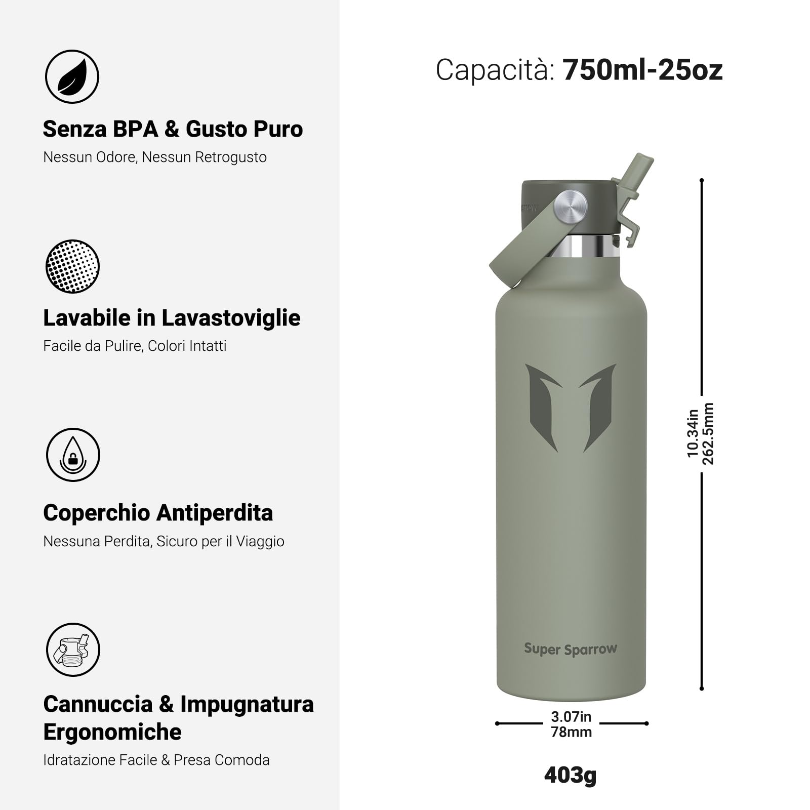 Super Sparrow Borraccia Termica, Acciaio Inox Bottiglia Termica - 350ml, 500ml, 750ml, 1L - Senza BPA Borracce, Borraccia Bambini per Scuola, Sport, Campeggio, Yoga, Palestra, Ciclismo