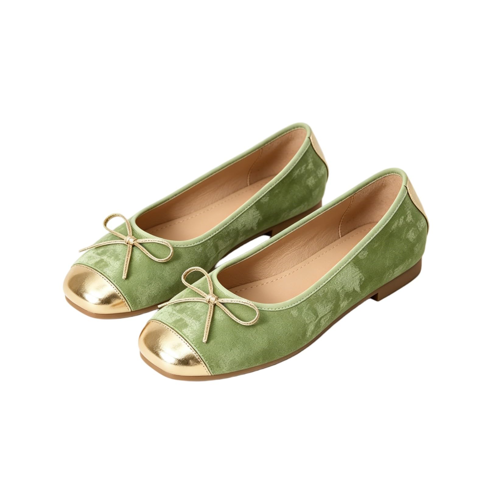 SMYDM - Ballerine da donna con fiocco, punta rotonda, in vera pelle di pecora, traspirante, resistente agli odori, senza lacci, comode, beige e champagne, Verde, 39.5 EU
