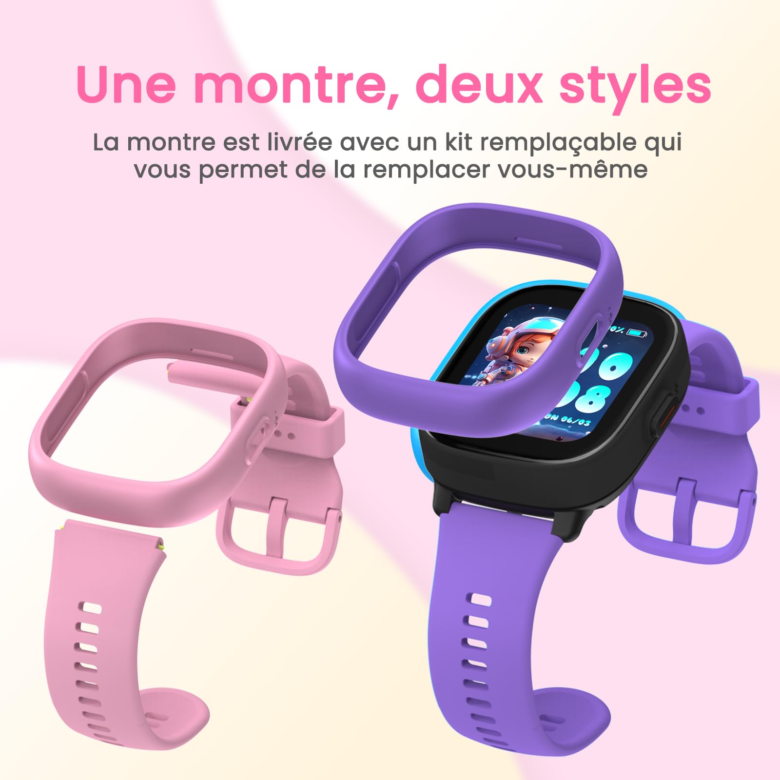 K3 4G Smartwatch Kinder mit GPS und Telefon, GPS Tracker kindr in Zwei austauschbaren Farben, Armbanduhr Kinder Junge mit Video Phone Call, Schulmodus, SOS-Funktion(Rosa und Lila)