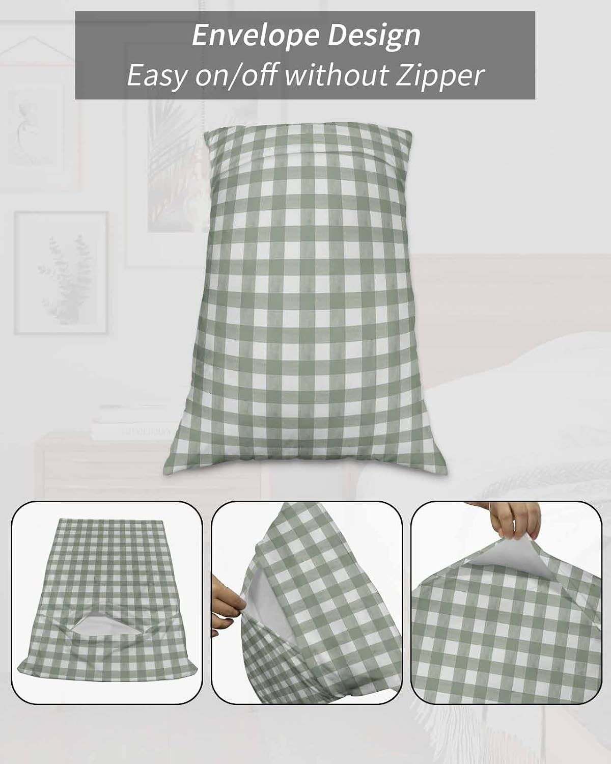 Sage Green Buffalo Plaid Pillow Cases Standard Size Set of 2 - Microfiber Bed Throw Pillow Covers, Farmhouse Green White Checkered Lumbar Pillow Cover with Envelope Closure for Sofa/Travel 20"x26"