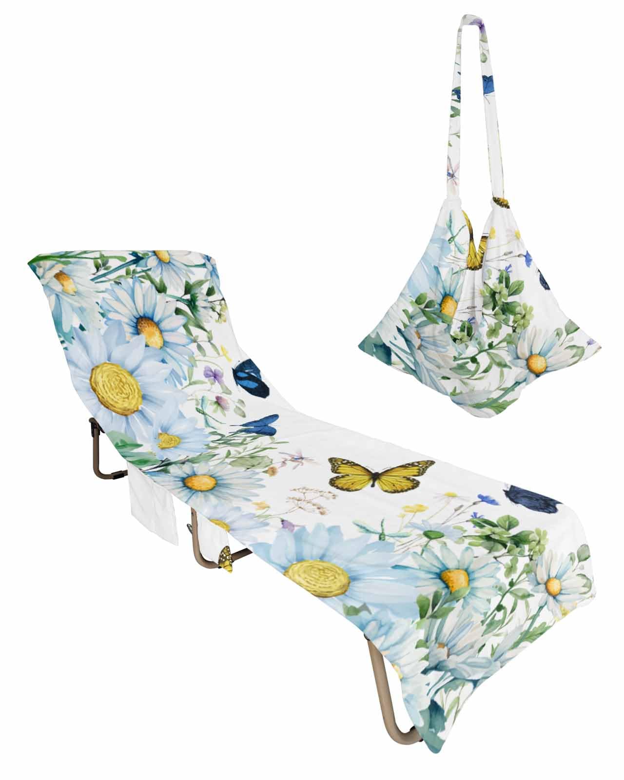 Spring Floral Beach Lounge Chair Towel Cover, Soft Chaise Lounge Towel with Side Pockets Patio Pool Chairs Cover for Beach/Pool Sunbathing 29x85 Summer Botanical Butterfly Daisy Elegant