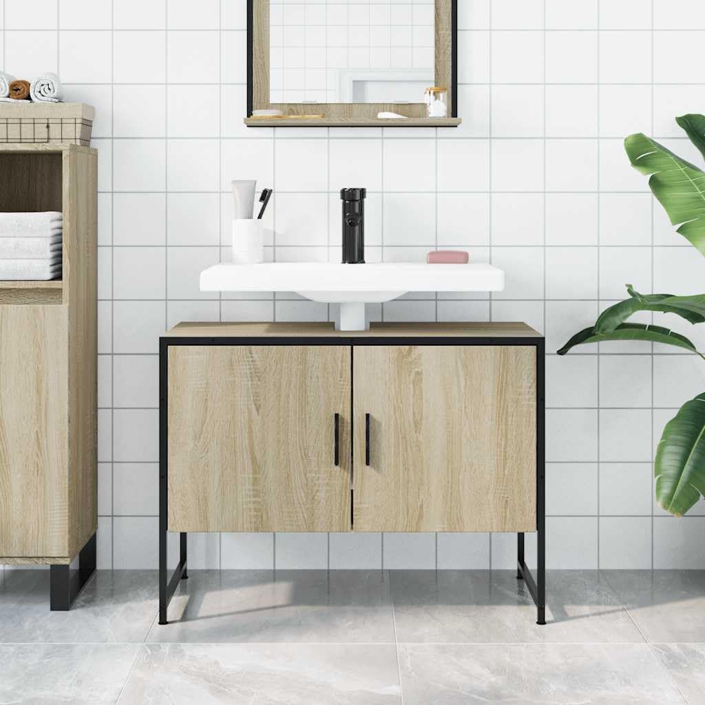 Szafka pod umywalkę, dąb Sonoma, 80 x 33 x 60 cm, materiał drewnopochodny z miejscem do przechowywania i otworem na syfon, meble łazienkowe, szafka do przechowywania, organizer dla gości WC i