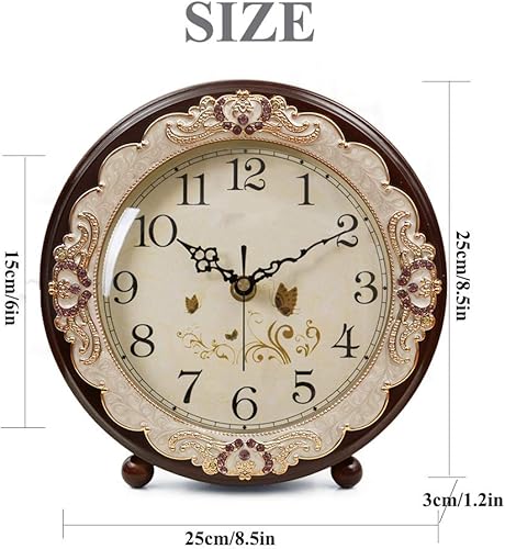 Vista 3 de Justup Reloj de mesa vintage, estilo europeo retro sin tictac, al lado del escritorio, funciona con pilas, movimiento de cuarzo silencioso