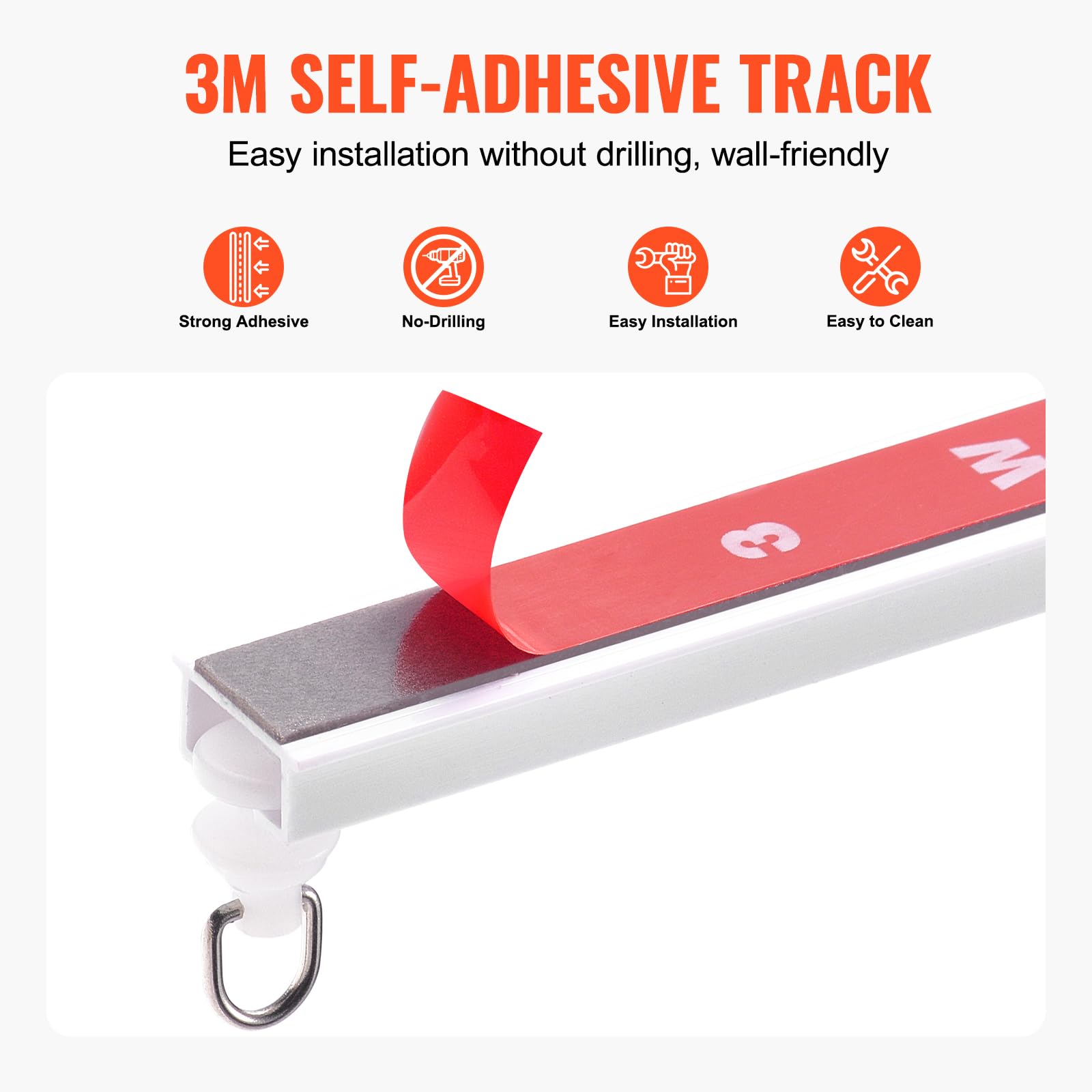 VEVOR Binario per Tende da Soffitto 3 m, Autoadesivo Sistema di Binari Scorrevoli per Tende Soffitto Senza Foratura, Binario Divisorie per Stanze, con ganci e ferramenta, per Soffitto Soggiorno Bianco