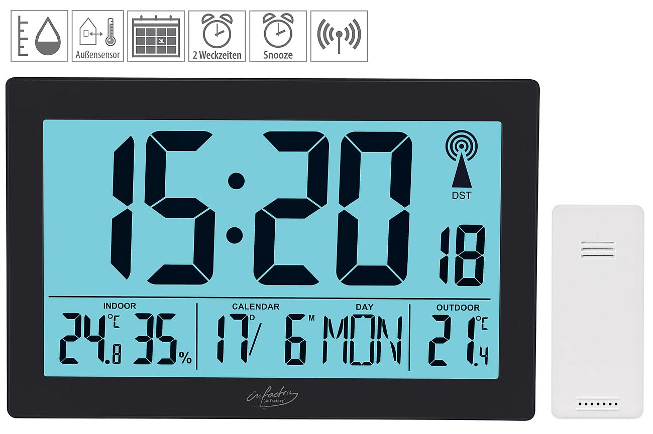 infactory Horloge Radio-pilotée XL Thermo-hygromètre Capteur Extérieur