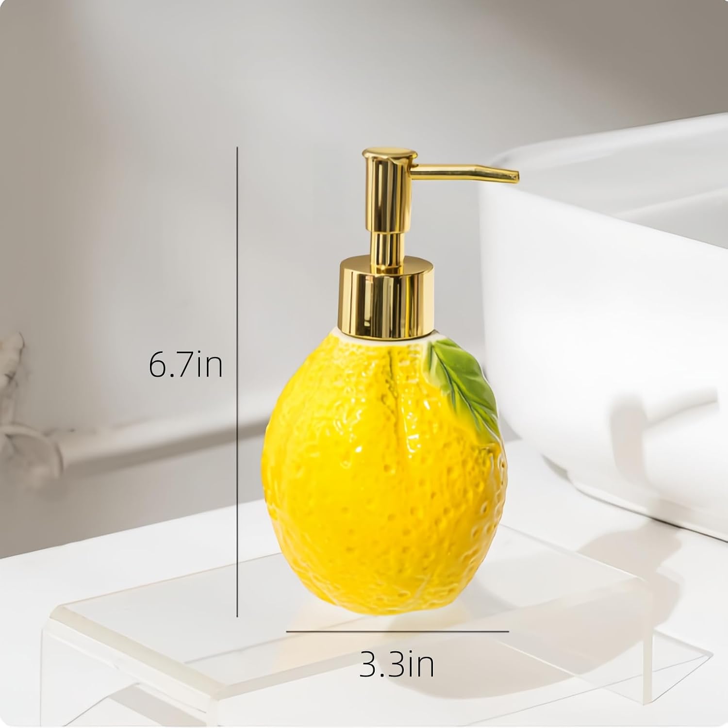 Lemon Ceramic Soap Dispenser, Gold Pump, 10.5oz